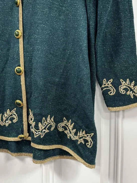 Vintage Jaclyn Smith Green Metallic Beaded Embroidered Floral Cardigan Sweater M - Picture 6 of 13